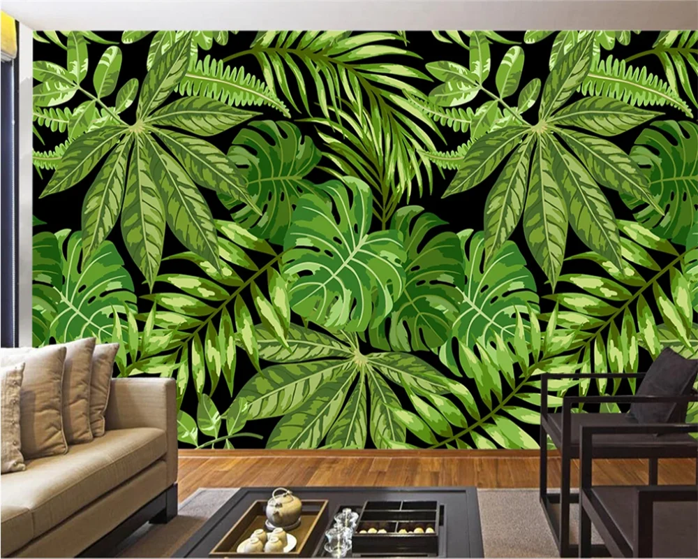 

Customized 3D wallpaper Southeast Asian style green palm tree leaf art 8D mural I am the living room TV background wall