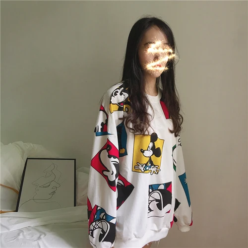 

New Harajuku Loose Women Sweatshirt Kawaii Cartoon Minnie Mickey Printed Pullover Long-sleeved Sweatshirt Female Tops