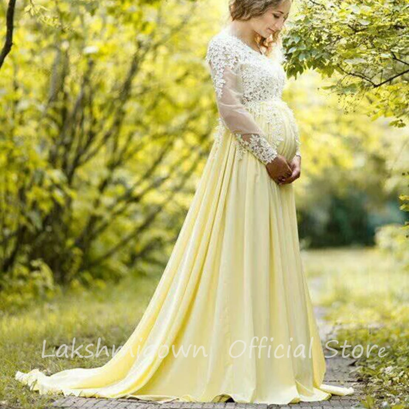 Zwangere Baby Douche Trouwjurken Moederschap Prom Partij Jassen Geel Chiffon White Lace Lange Mouwen Vestido De Fiesta Zwangere Baby Douche Trouwjurken Moederschap Prom Partij Jassen Geel Chiffon White Lace Lange Mouwen Vestido De Fiesta