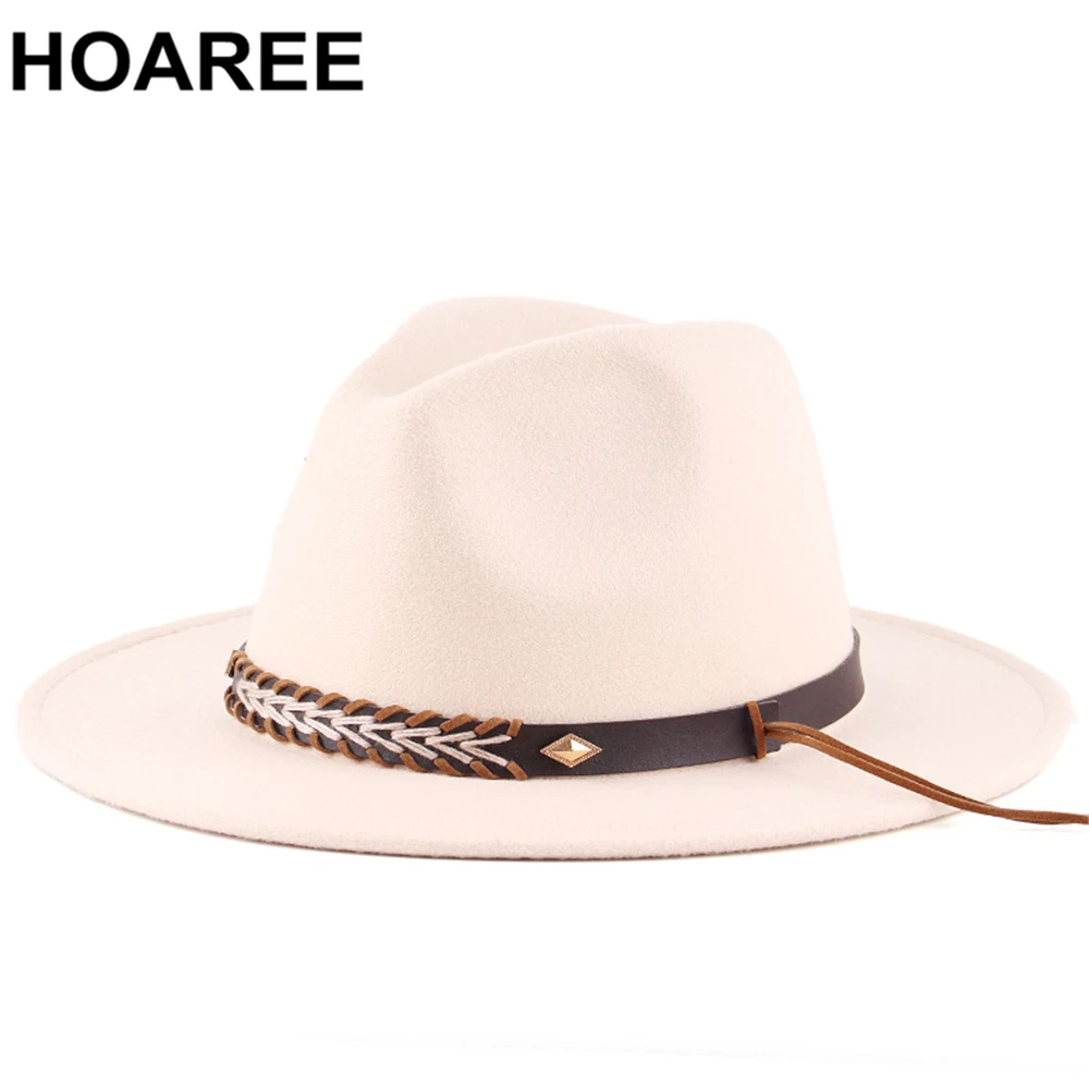 

HOAREE White Fedora Winter Autumn Imitation Woolen Women Men Ladies Fedoras Top Jazz Hat European American Bowler Hats Black