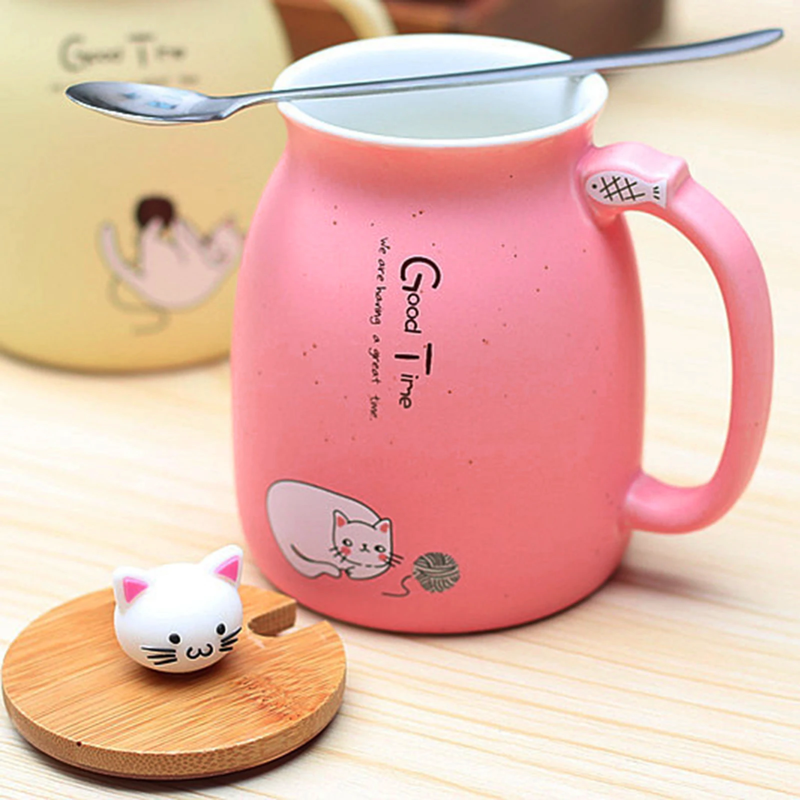 Cute Cat Ceramic Cup Hot Cold Tea Cup Milk Coffee Mug with Spoon Lid Pink