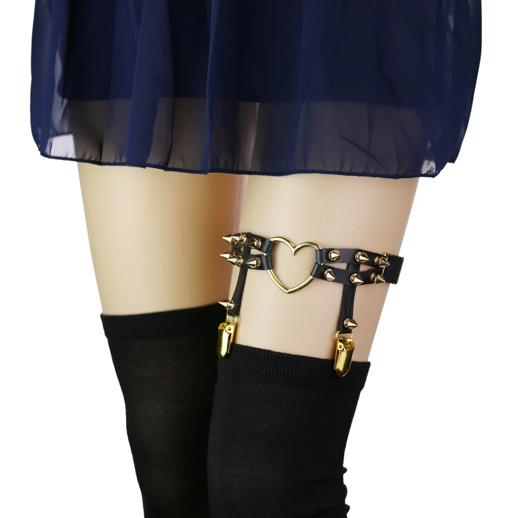

Goth Egirl Garter Belt Rivets Leg Ring Thigh Harness Gold Heart PU Leather Sexy Rock Pub Punk Suspenders Women Body Jewelry