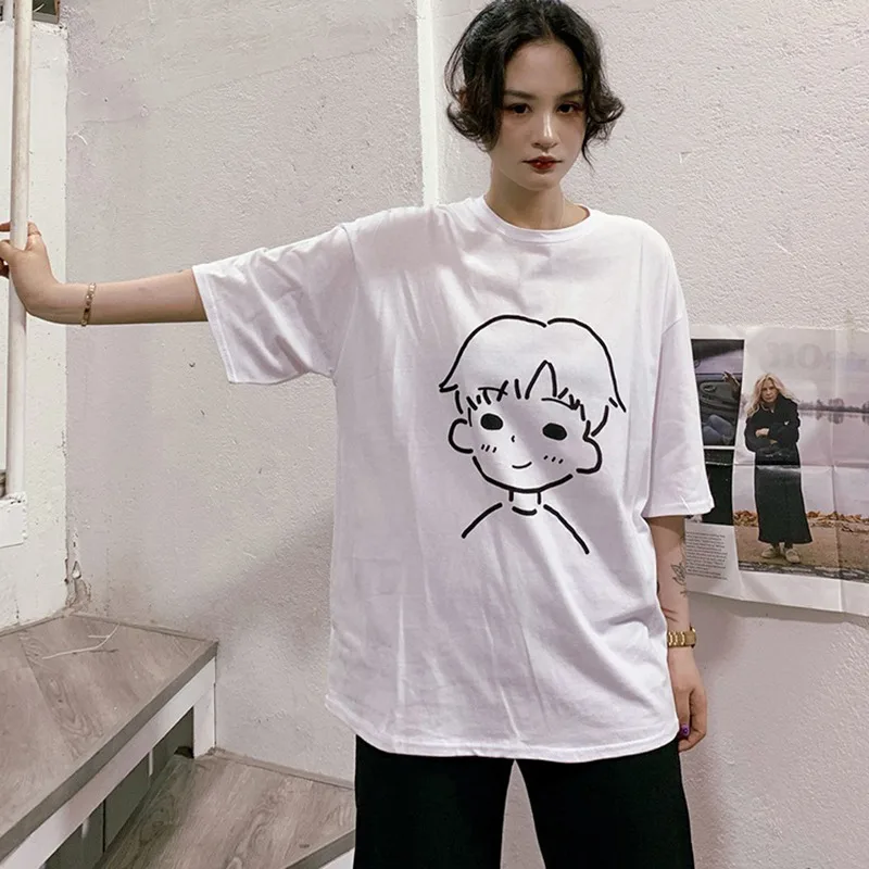 

Women Cartoon T-shirt Summer Tops Simple White Shirt Female Fashion Couple T-shirt