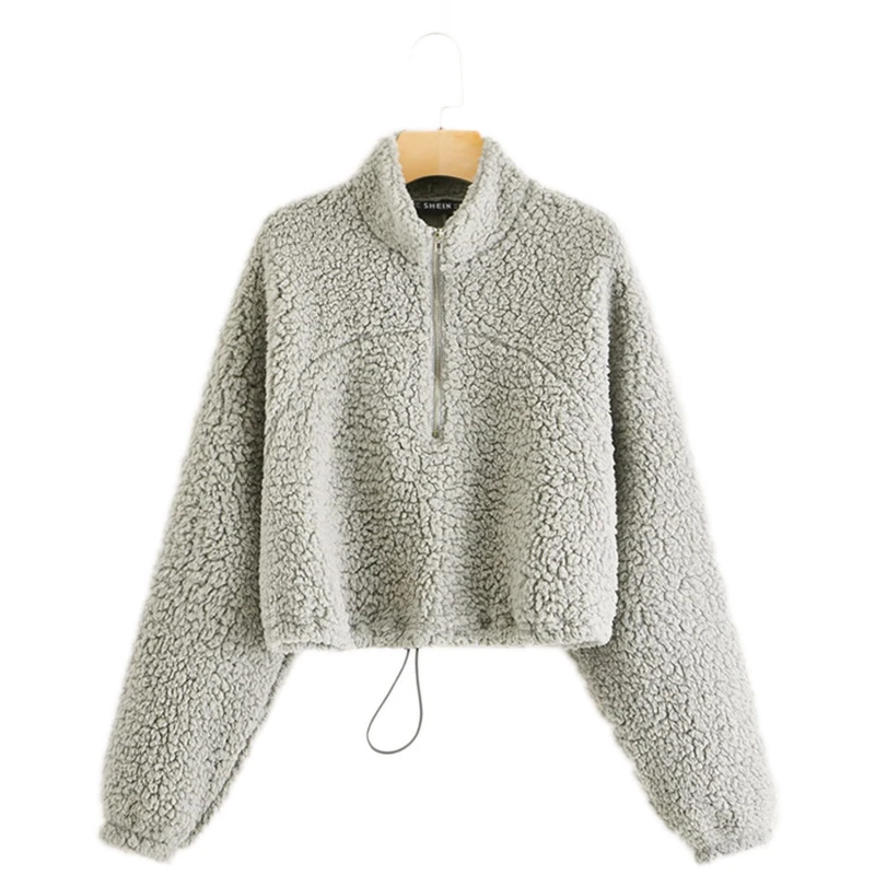 SHEIN однотонные куртки на молнии с воротником-стойкой полупакет плюшевый свитер для женщин, пуловер на зиму ношения при активном образе жизни, с завязками, Повседневное Толстовка