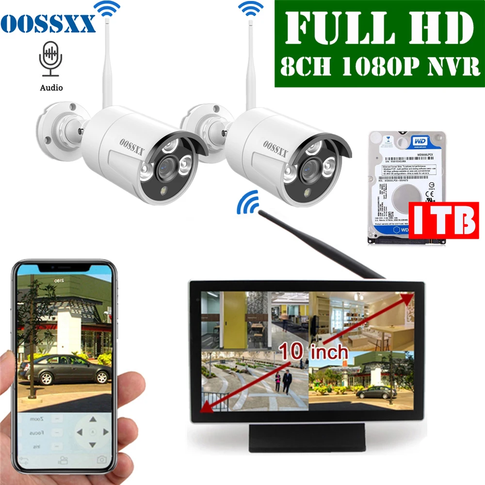 OOSSXX 8CH 1080P Wireless NVR Kit 10' Monitor Wireless CCTV 2pcs 1080P Audio Indoor Outdoor IP Camera Video Surveillance System OOSSXX 8CH 1080P Wireless NVR Kit 10' Monitor Wireless CCTV 2pcs 1080P Audio Indoor Outdoor IP Camera Video Surveillance System
