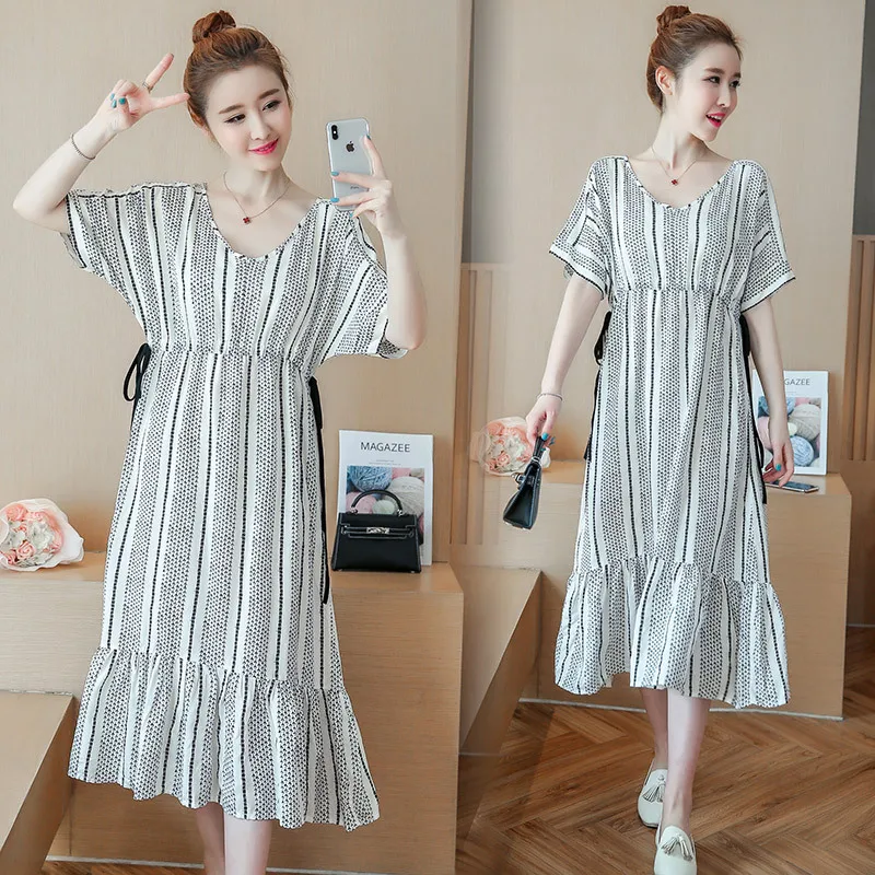 

2019 New Style Long Dress for Pregant Women Summer Fashion Maternity Clothes Dress Korean-style Stripes Maternity Dress Chiffon