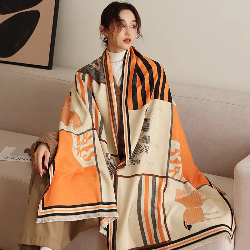 Women Cashmere Scarf Thick Warm Blanket Winter Pashmina 2021 Luxury Horse Print Scarves Shawl Wrap Bufanda Stoles Hijab |