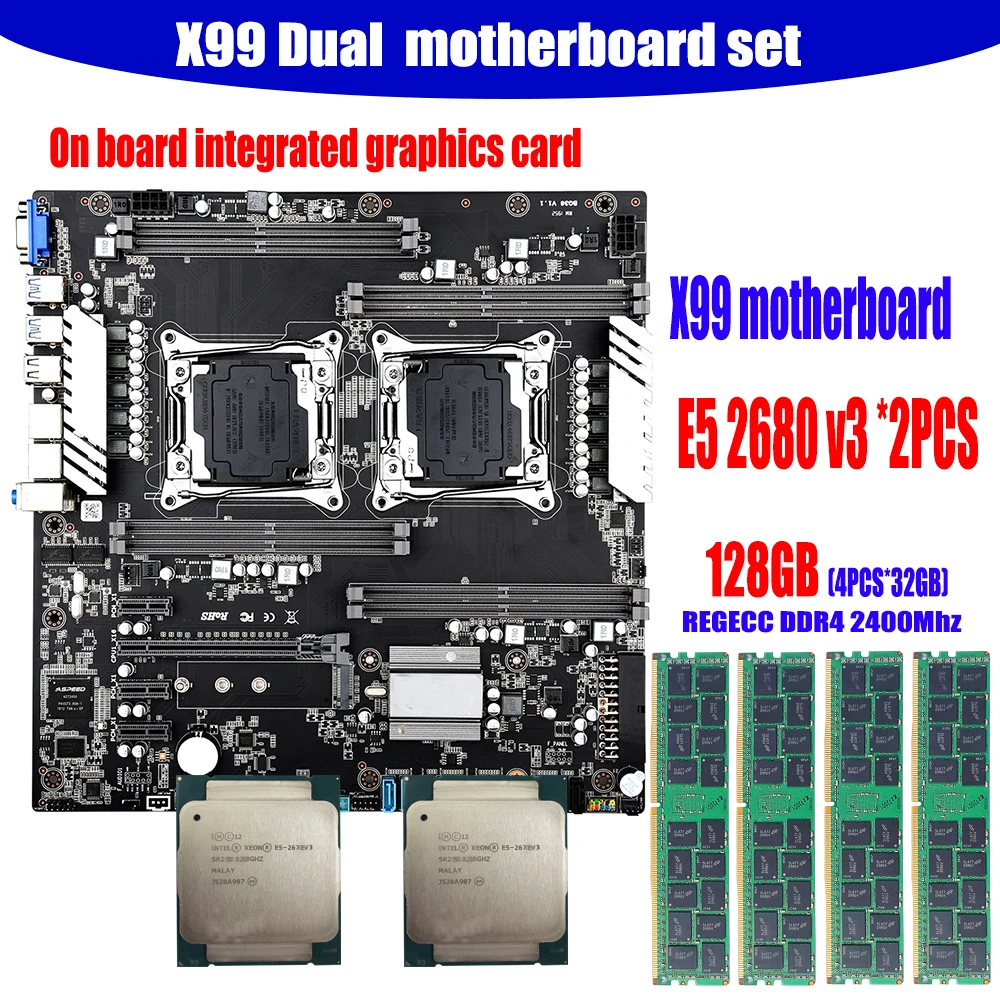 Комплект материнской платы X99 с 2 процессорами Xeon E5 2680 V3 ЦП 4 шт. × 32 ГБ = 128 2400 МГц DDR4