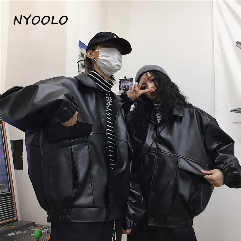 NYOOLO Autumn Winter street pockets motorcycle jacket Casual loose Covered Button PU leather Bomber jackets women men outerwear