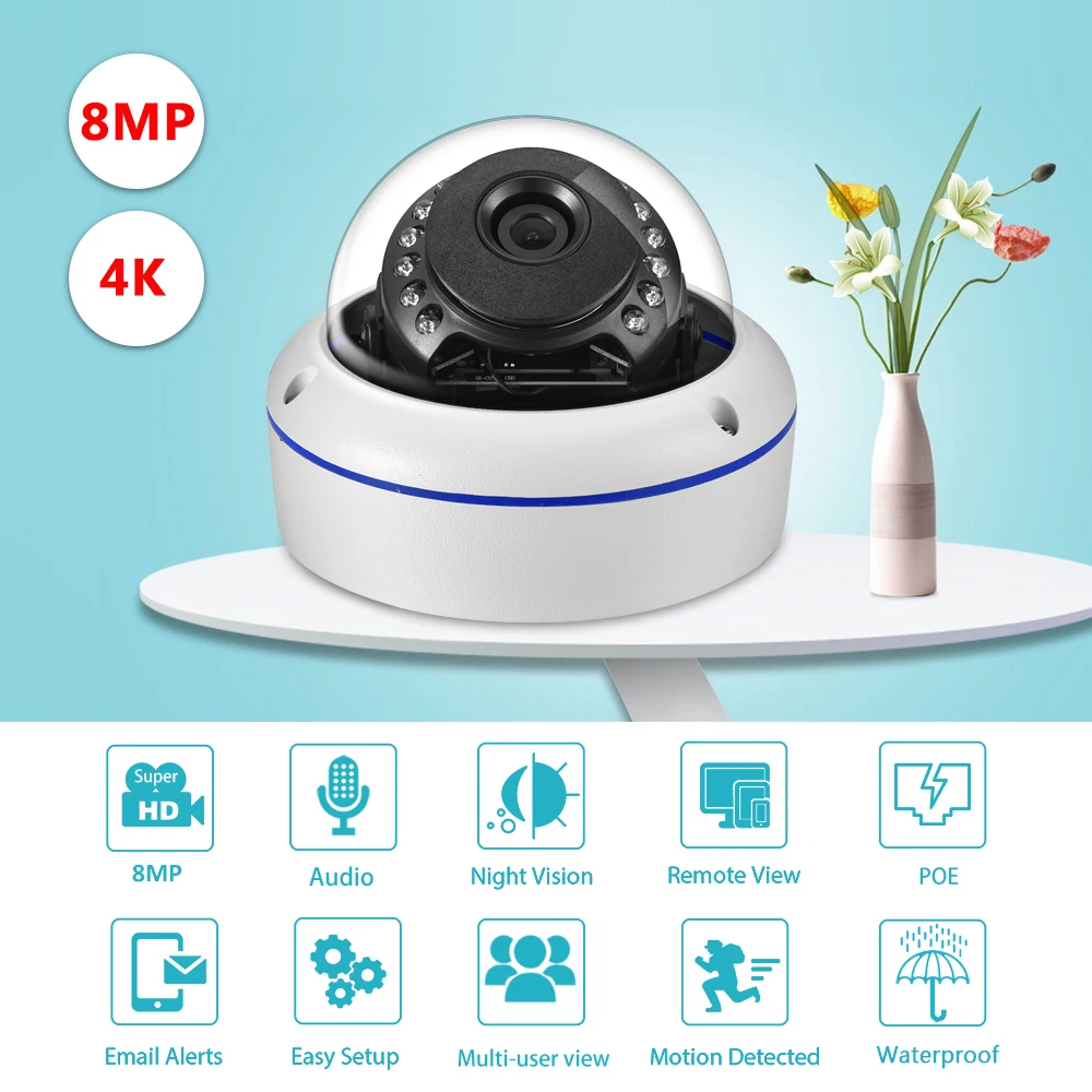 Gadinan 4K 8MP Dome Outdoor POE IP Camera Built in Microphone Audio CCTV 5MP 4MP Home Security Camera Night vision IP66 H.265
