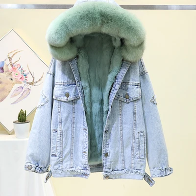 green Пальто из натурального меха, зимняя Свободная джинсовая куртка, Женская Толстая теплая куртка из натурального Лисьего меха, воротник с капюшоном из натурального кроличьего меха, джинсовая куртка для женщин - Цвет: green