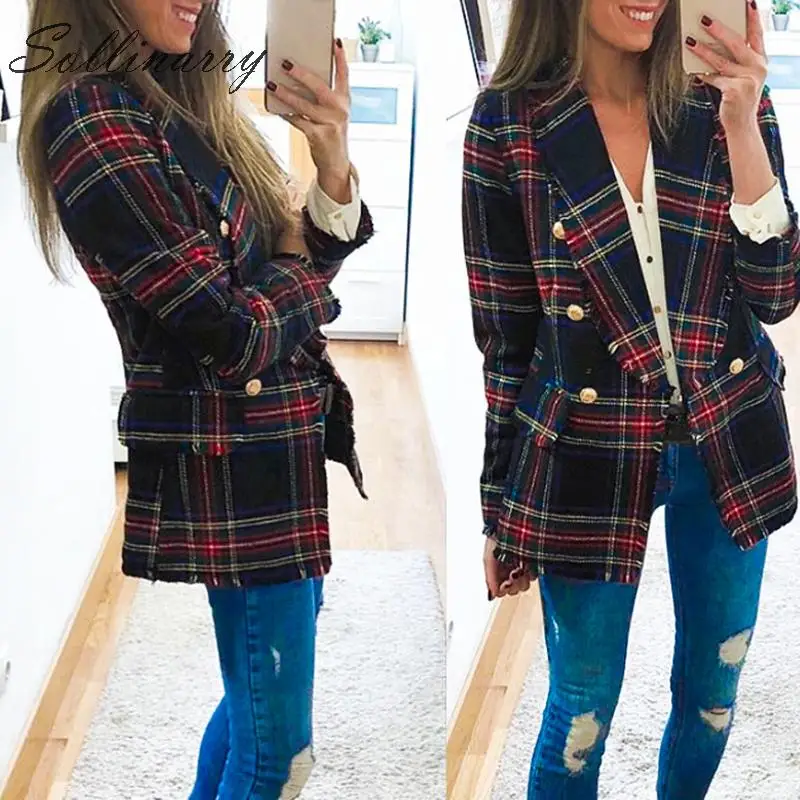 

2019 Autumn Blazer Jacket Women Streetwear Tweed Long Sleeves Winter Blazer Coat Female Casual Coats