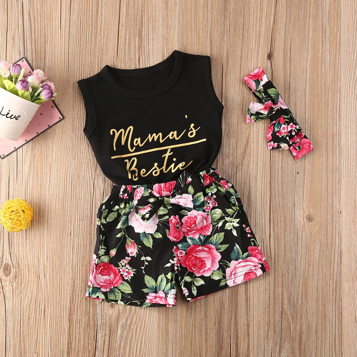 

Baby Girls Summer Outfits Letter Printed T-Shirt Tank Top Sleeveless Vest Floral Shorts Clothes Set 0-3Y