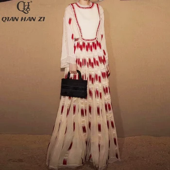 

Qian Han Zi Designer Runway Fashion Maxi Dress Women's flared sleeves Elegant Embroidered Slim Party Long Dress