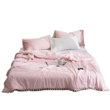 

Soft Pink Throw Blanket with Ball Solid Summer Quilt Duvet Queen Size Microfiber Quilt with Washed Ball