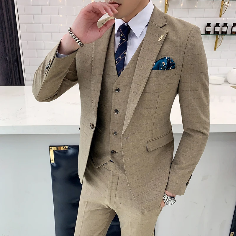 Темно-хаки синий клетчатый костюм для мужчин Slim Fit Мужская официальная одежда мужские деловые костюмы высокого качества 3 шт свадебный костюм для жениха YM4
