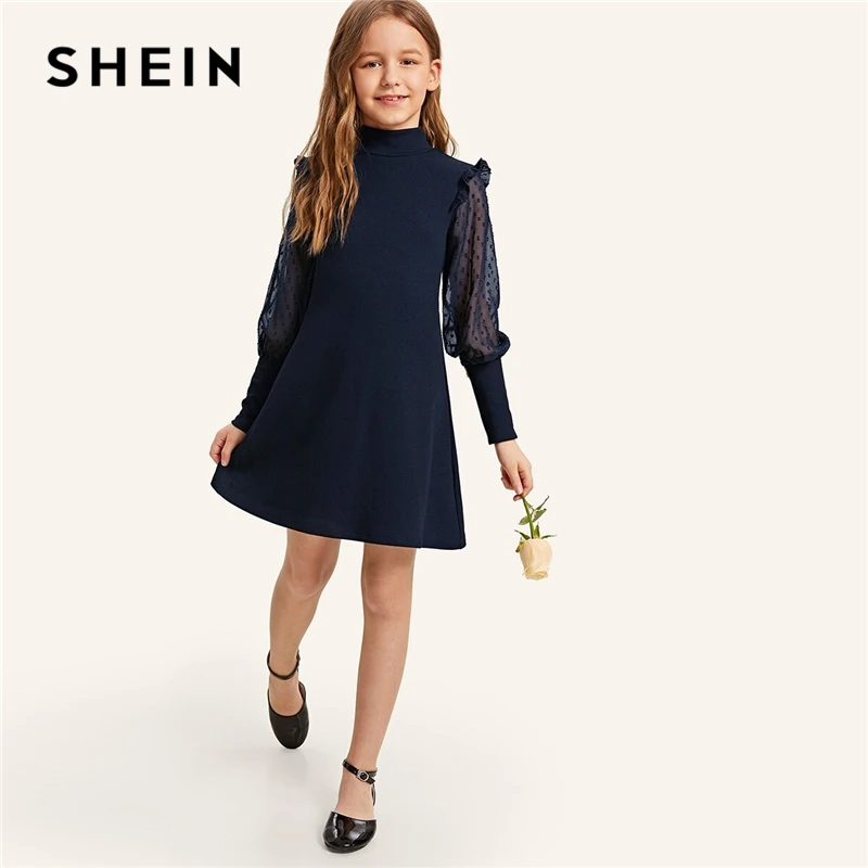 SHEIN/элегантное детское платье для девочек со стоячим воротником и замочной скважиной на спине; коллекция года; летние вечерние платья с рукавами из бараньей кожи с оборками