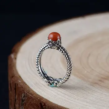 

Real Pure Silver 925 Ring Vintage Carnelian Rings For Women Natural Stone Adjustable Fine Jewelry Bijoux Femme