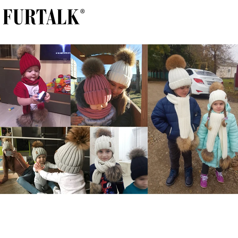 FURTALK Зимний Комплект Шапка и Шарф для детей Трикотажные Меховые Детские Шапки