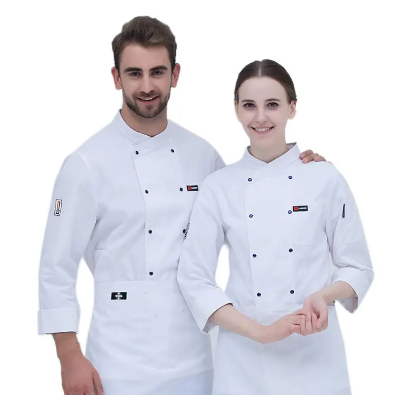 Для мужчин и женщин с длинным рукавом шеф-повара куртка повара Рабочая Униформа ресторан отель кухня еда обслуживание двубортное пальто с карманами - Цвет: White