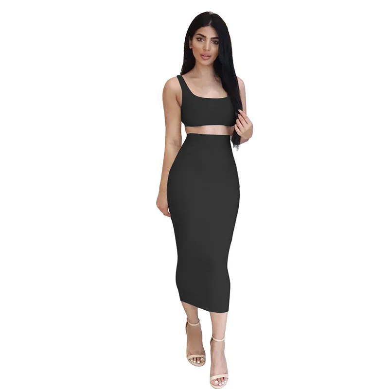 2021 Summer Sleeveless Base Vest Set Two-Piece European and American Sexy Wrapped Slim Long Skirt 2021 summer casual jumpsuits loose plus size women cotton solid one shoulder tube top sleeveless cotton sexy streetwear rompers