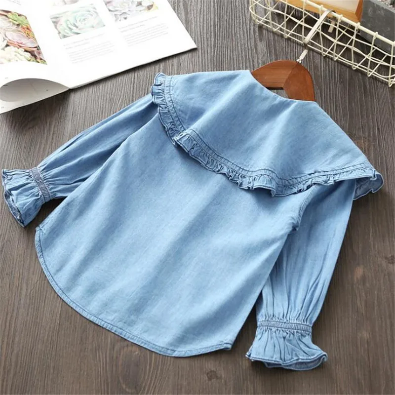 Weoneit Girls Blouse Spring Autumn Turn-down Collar Baby Girls Blue Tops Shirts Kids Clothes for Girls Denim Blouses