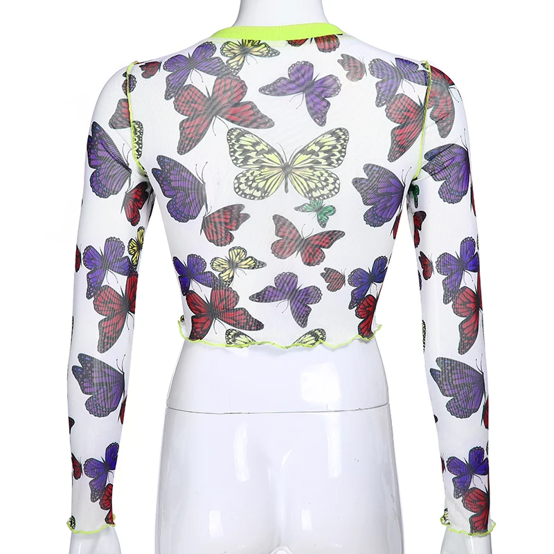 HEYounGIRL прозрачный сетчатый укороченный топ, футболка, Женская Сексуальная футболка с принтом бабочки, женские белые футболки с длинным рукавом, осень-весна