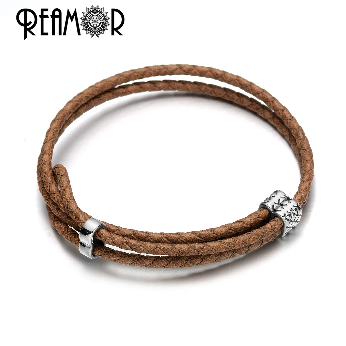 REAMOR Retro Green Blue Cowhide Genuine Leather Adjustable Bracelet Men Stainless steel Beads Handmade Braided Bracelets Bangles