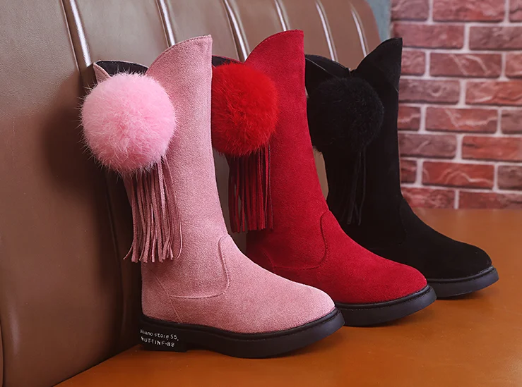 Girls Winter Fashion Rubber Boots Suede Tassel long boots Kids Princess Boots Knee-high Warm Cotton Soft Boots For Toddler D30