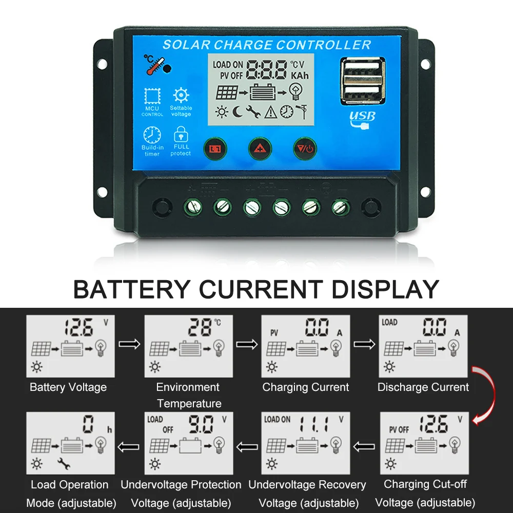 

Hot New Solar Charge Controller PWM Controllers LCD Dual USB 11.1V 10A Output Solar Panel PV Regulator Home Battery Charger