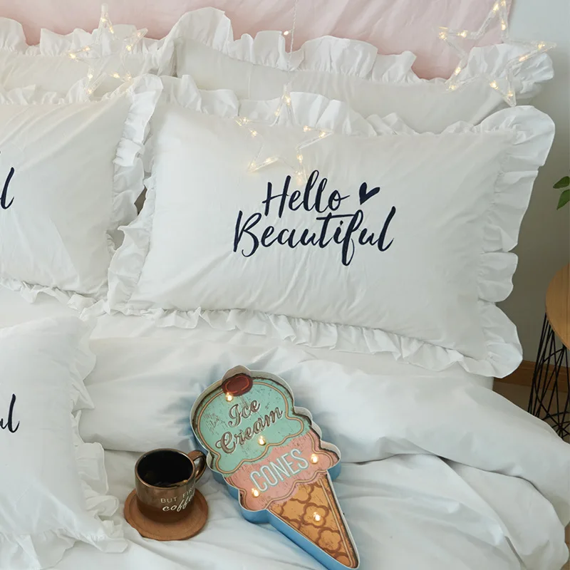 

2pcs Lovely Lotus Leaf Embroidery 100% Cotton Pillowcase Solid Color Pillow Cover Girls Room Decorative Sleeping Pillow Case