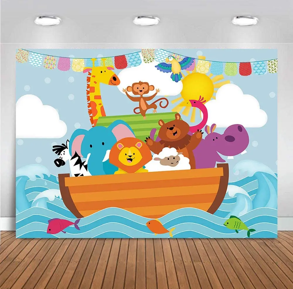 Cartoon Noah's Ark Sea Photography Backdrop Wild Safari Animals Zoo Photo Background Children Baby Birthday Shower Party Banner |