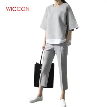 

2020 Spring Casual O-Neck Fake Two Pieces Top 3/4-Length Pants Two-piece Sets Loose Splits Sleeve Cotton Suits