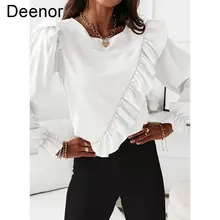 

Deenor Ruffles Shirts Women Long Sleeve Elegant Work Flounce Pleated Blouse Female Chiffon Shirt Ladies Chic Tunic Tops