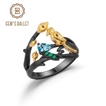 

GEM'S BALLET Natural Swiss Blue Topaz Flower Buds Bird Rings 925 Sterling Silver Handmade Adjustable Statement Ring for Women