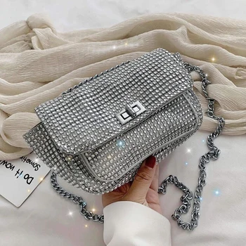 

Women Bags Female Shiny Diamond Chain Shoulder Bag Ladies Messenger Bag Silver Fashion Shopping Mobile Phone Bag Coin Purse New