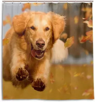 

Autumn Golden Retriever Jump Through Leaves Shower Curtains with 12 Hooks, Bath Curtain Durable Waterproof Fabric Bathroom