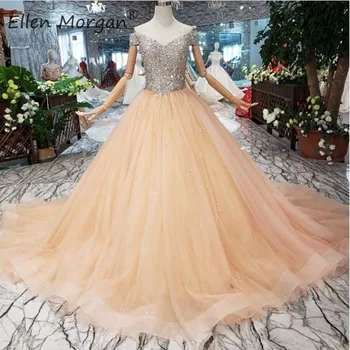 

Real Photos Luxury Crystals Prom Dresses Pageant Ball Gowns Elegant Off Shoulder Tulle Court Train Lace up Events Dress 2019