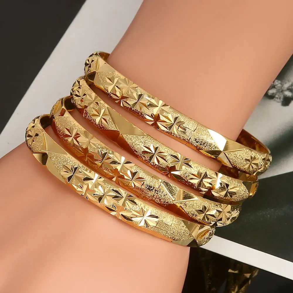 Trendy 4pcs Dubai Bangles for Women Men Gold Color Wide Bracelets African Ethiopia Jewelry 4