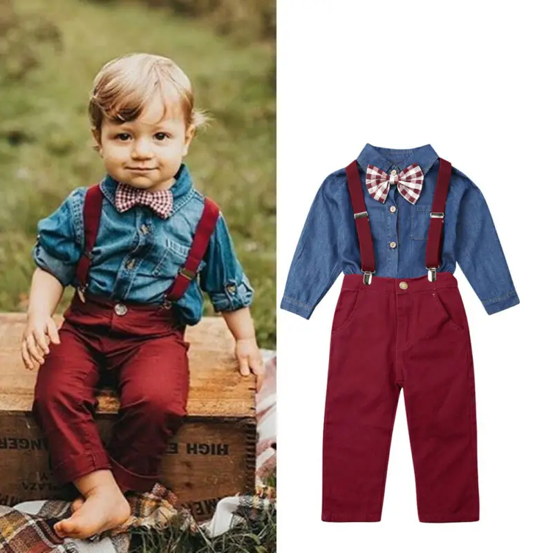 

2Pcs/Set Toddler Kids Baby Boy Long Sleeve Button Bowtie Shirt Tops Bib Denim Jeans Pants Outfits Kids Boy Party Clothes Suit