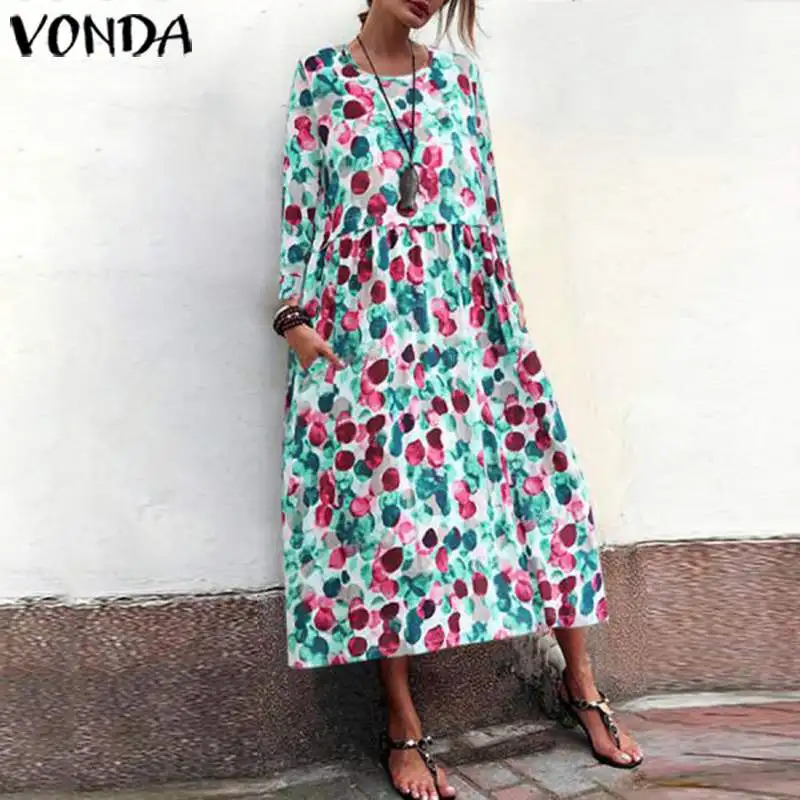 

VONDA Bohemian Dress Women Sundress Vintage Print Party Mid-Calf Dress Beach Holiday Casual Loose Vestido Robe Femme Plus Size