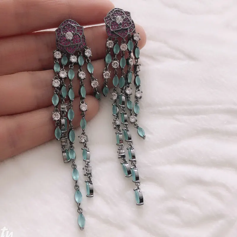 Длинные висячие корейские свадебные цветочные серьги для