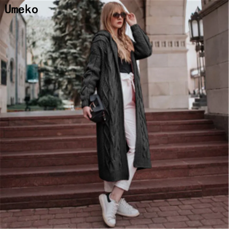 Женский вязаный кардиган Umeko зимний плотный теплый длинный с капюшоном винтажный