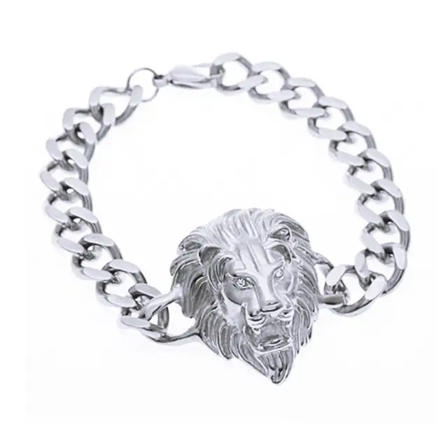 Domineering Alloy Lion Head Bracelet Men Stainless Steel Gold Color Franco Link Chain Biker Bracelet Men AL1327-Silver-23cm