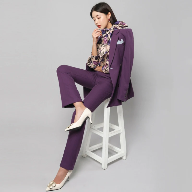 QoerliN Pants Suits Women Purple Long Sleeve Blazer Double Breasted Jacket Skinny Straight Pants Full Length 2 Piece Office Wear