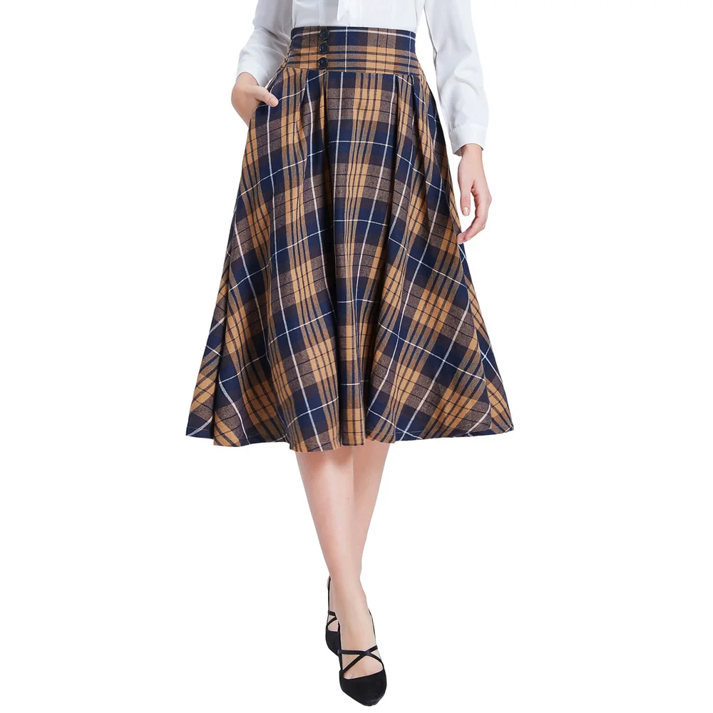 Cena Belle Poque styl angielski 2019 jesień kobiety eleganckie spódnice w kratę kobiet plisowana wysokiej talii koreański biurowa, o średniej długości spódnica Streetwear