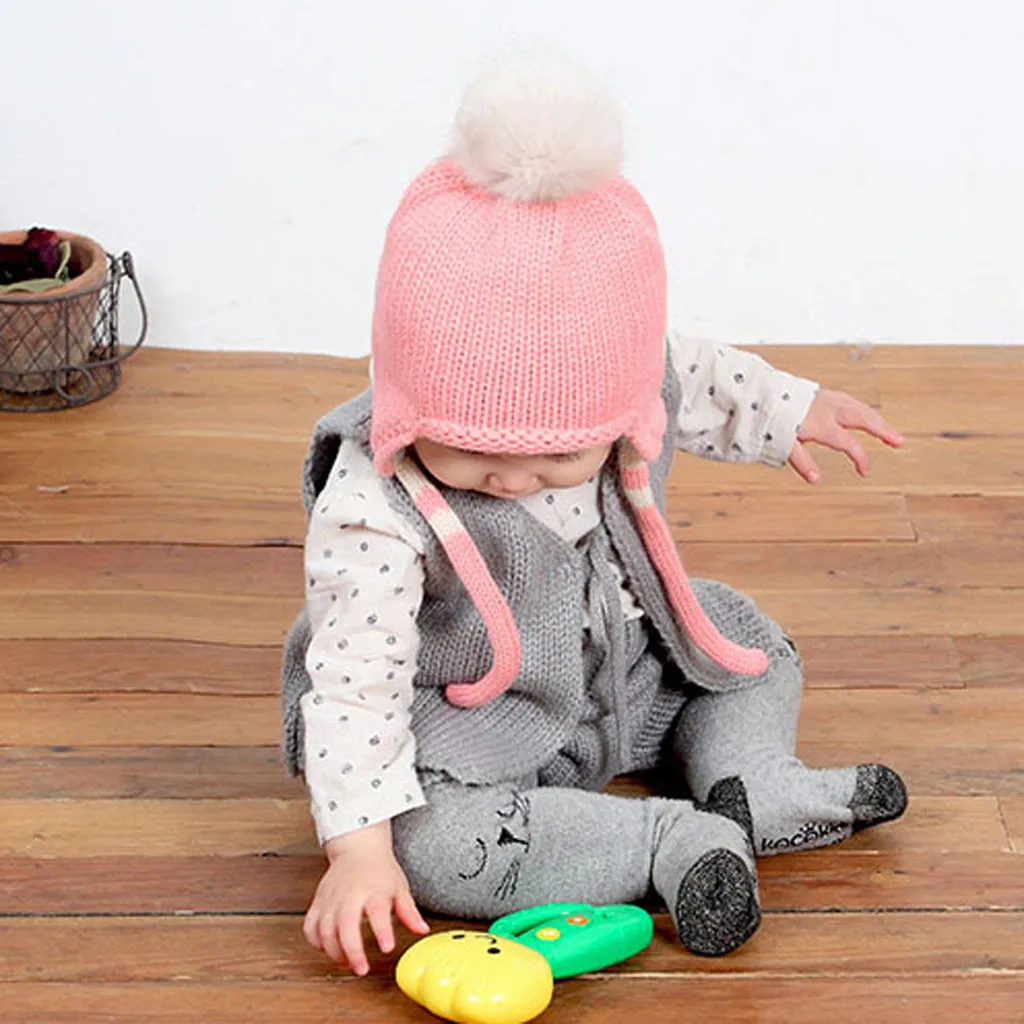 Вязаные шапки для новорожденных, теплый помпон, Круглый машинный колпачок, защищает шапка с ушками, детская зимняя шапка, милые шапки-бини для мальчиков и девочек