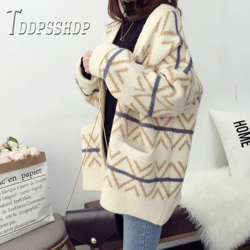 

2019 Korean Thick Women Sweater Cardigan Autumn Stripe Female Sweaters