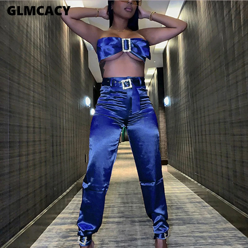 Women Two Piece Bow Down Bishes Set Diamond Buckle Top& High Waist Zipper Button Trouser Pant Set Sexy Partty Clubwear