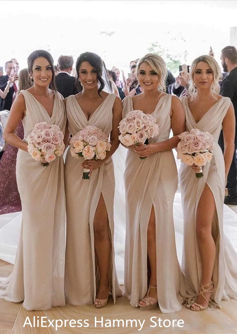 

2020 Elegant V Neck Cheap Country Bridesmaid Dresses Plus Size Mermaid High Split Cheap Beach After Party Look Maid of Honors We